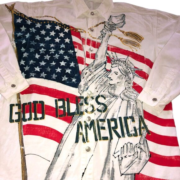 4TH OF JULY DENIM SHIRT SIZE L ALL OVER PRINT GOD BLESS AMERICA USA MADE MENS - Picture 2 of 6